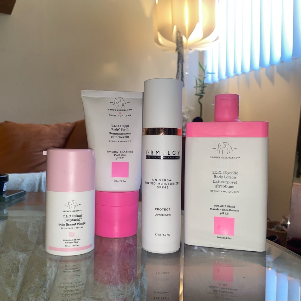 Drunk elephant scalp scrub, glycolic lotion, baby facial,  DRMTGY tinted spf 46